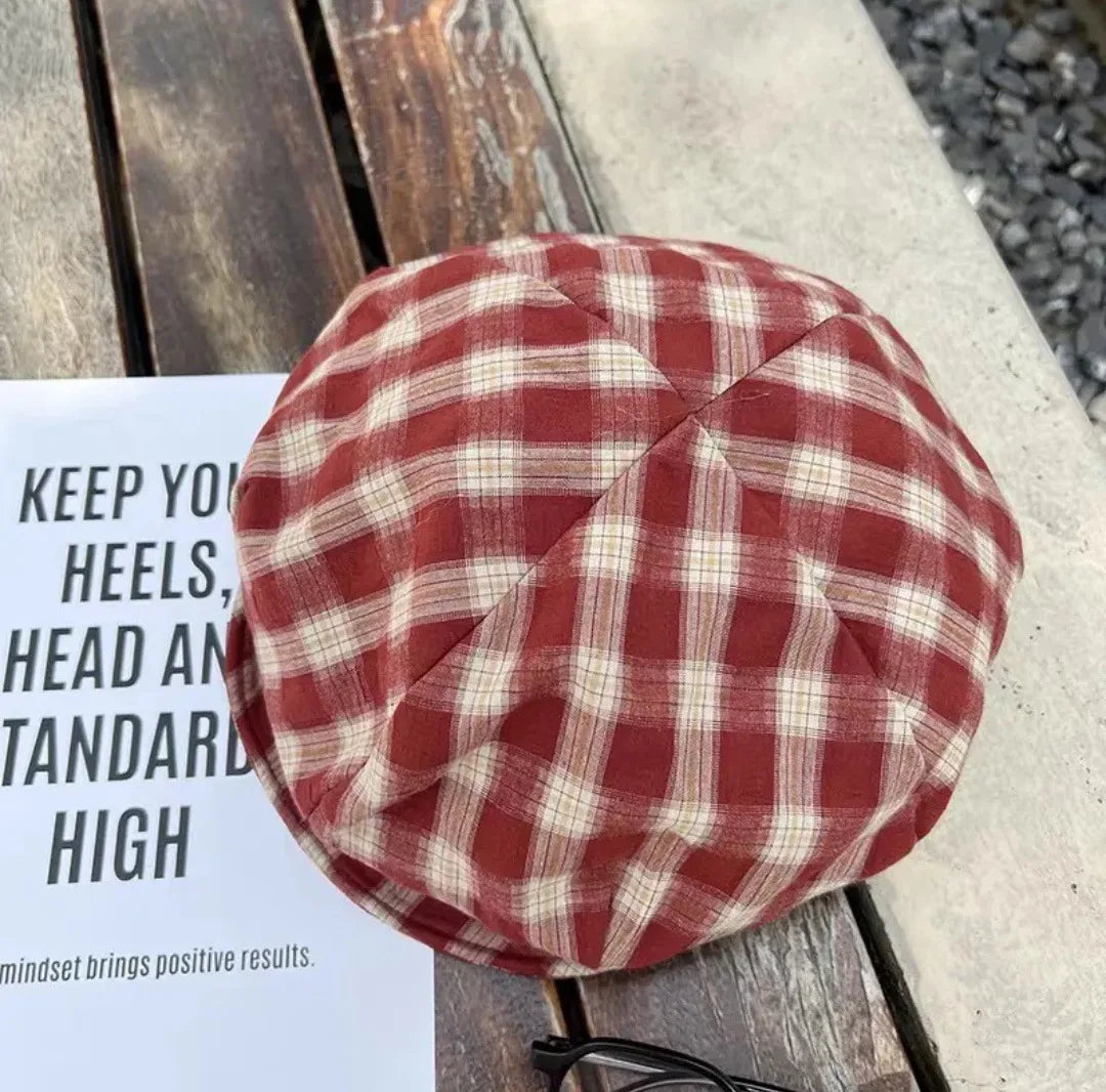 Japanese Retro Plaid Beret Female Summer Vintage Korean Cap