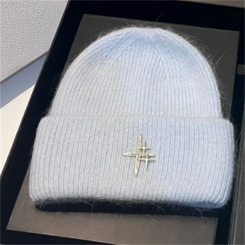Women Luxury Rhinestone Logo Warm Wool Ear Hat