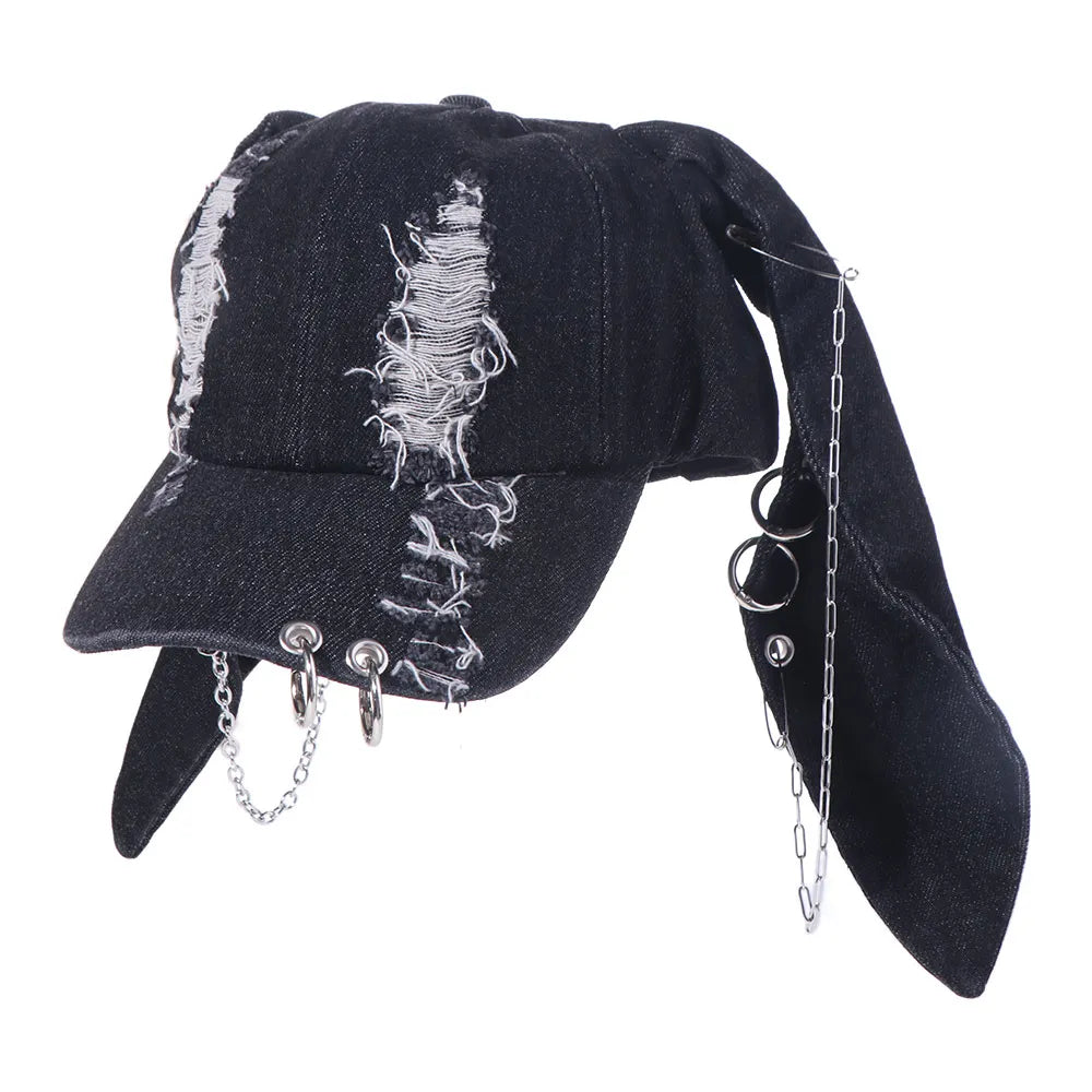 Rabbit Ripped Denim Baseball Cap Puppy Y2K Chains Doberman Ears Hat