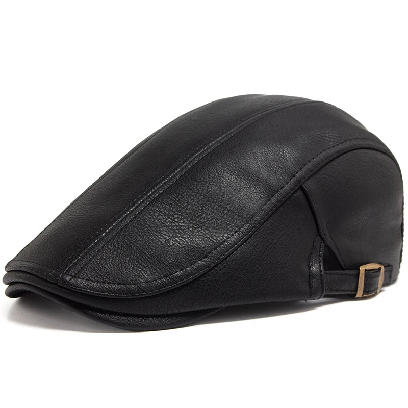 Fashion Men PU Leather Beret Autumn Winter Visor Flat Cap Thicken Warm Hat