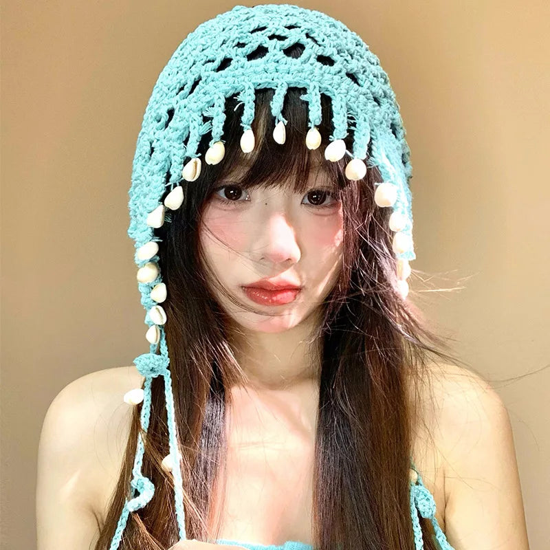 Bohemian Hand-Knitted Hollow Bald Beanie Hat Women's Summer Ethnic Style