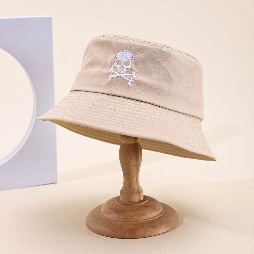 Summer Solid Bucket Hat For Women Embroidery Skull Breathable
