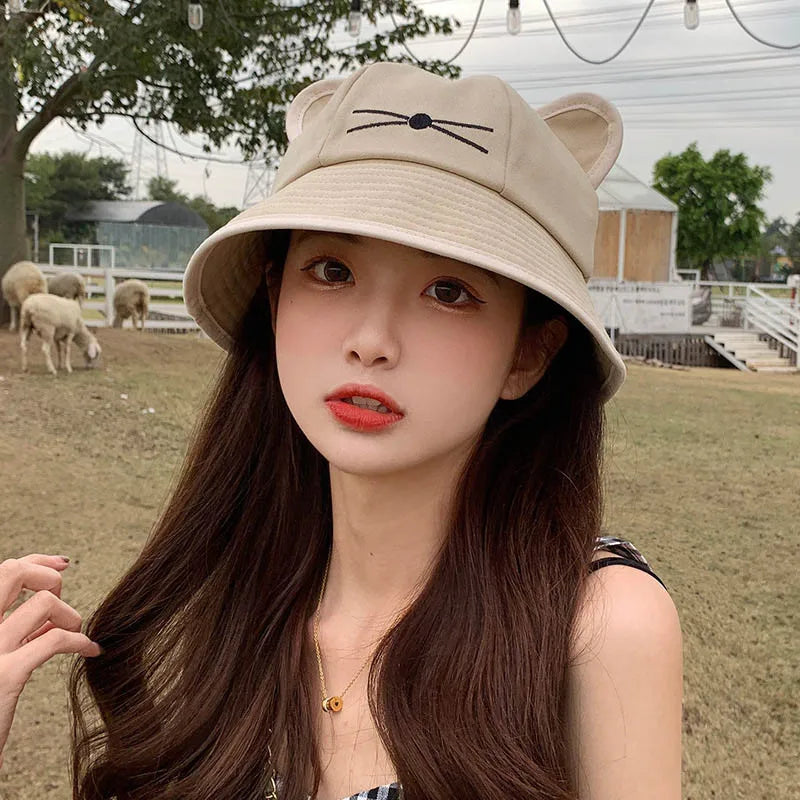 Korean Cartoon Cat Ears Women Bucket Hat Spring Summer