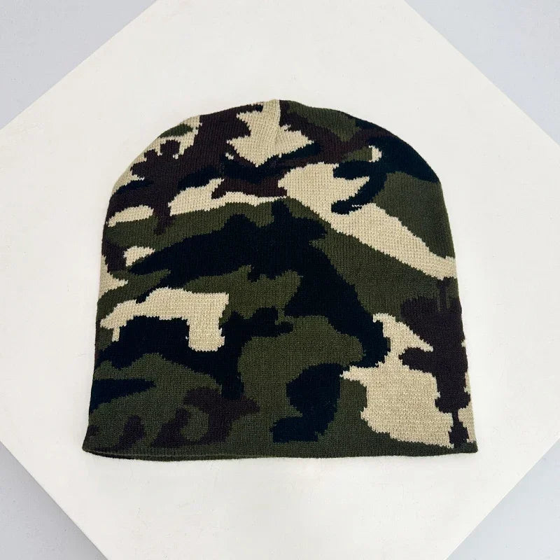 New European Style Camouflage Color Block Knitted Hats