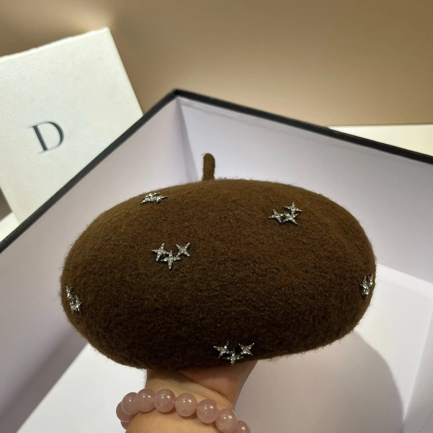 Luxury Rhinestone Stars Women's Wool Beret Winter Warm Beanie Hat