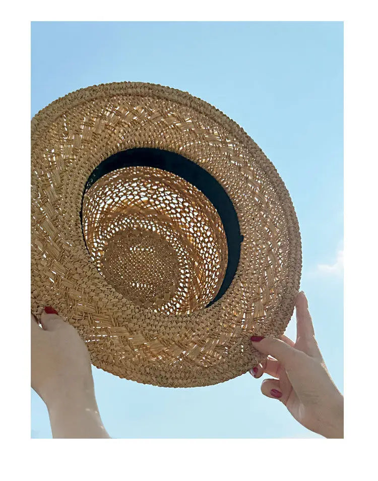 New Summer French Raffia Straw Hat - Hand Woven Hollow Flat Wide