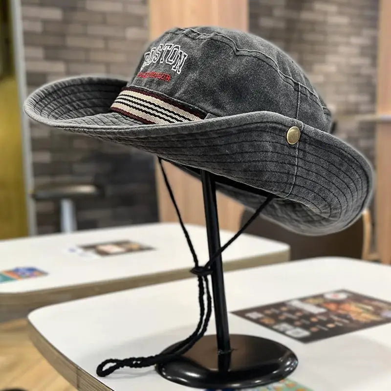 Washed Denim Bucket Hat Boston Embroidery Wide Brim Sun Hat