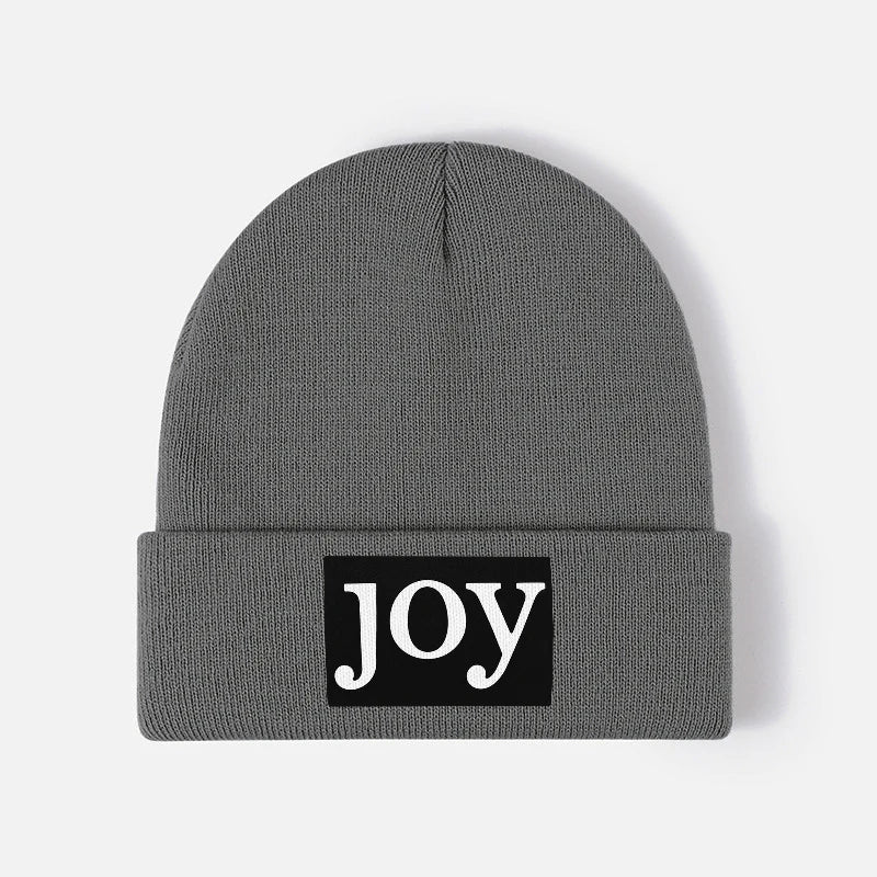 Joy Letter Patch Black Knitted Beanie Unisex Cuffed Winter Hat