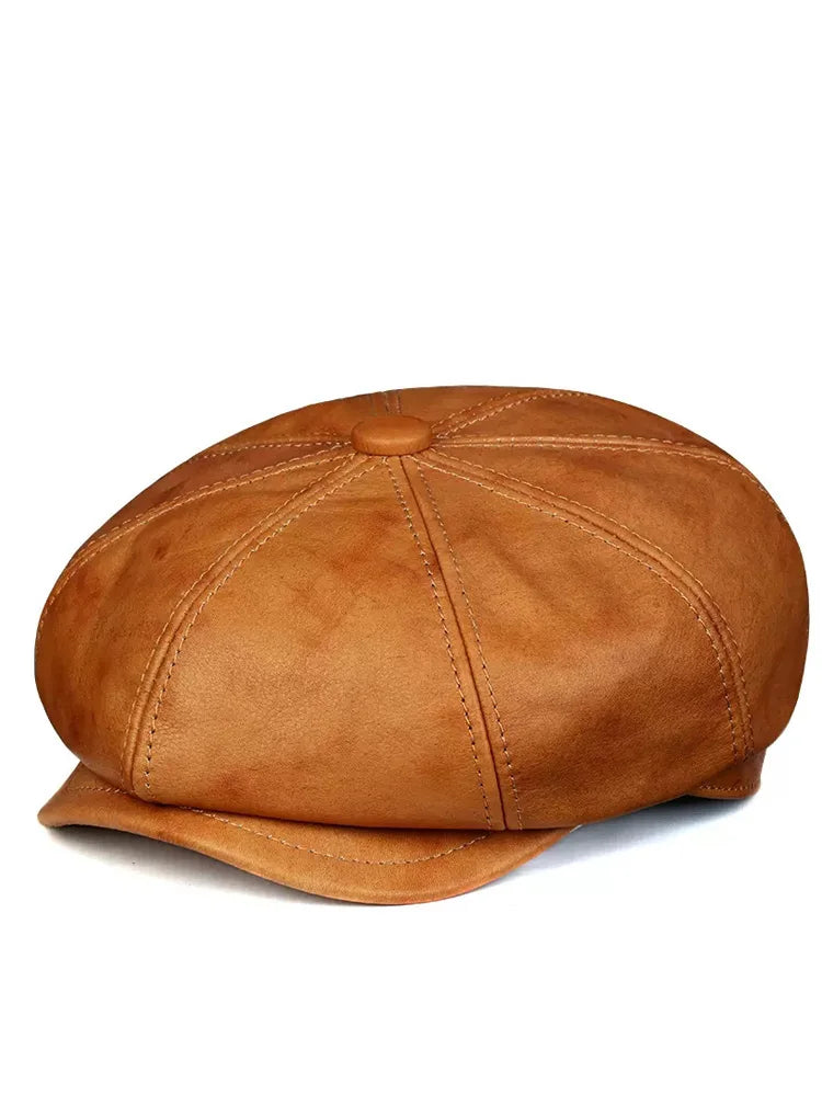 Leather Hat Beret Men Autumn British Retro Cowhide Octagonal Hat