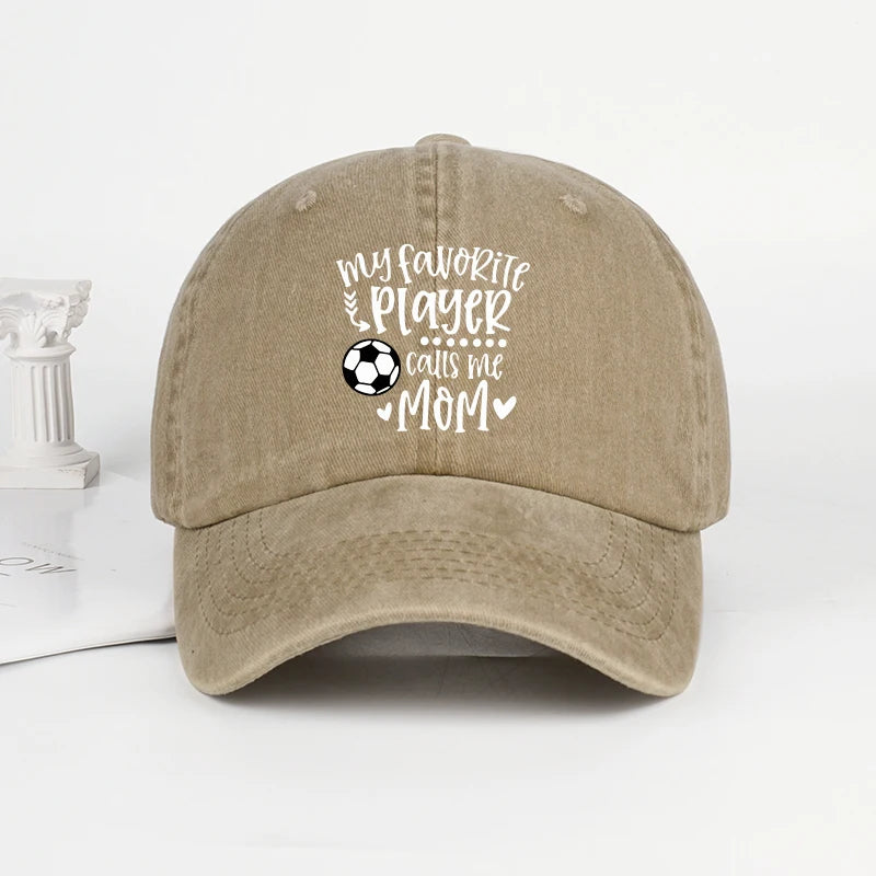 "My Favorite Player Calls Me Mom" Soccer Print Washed Baseball Cap