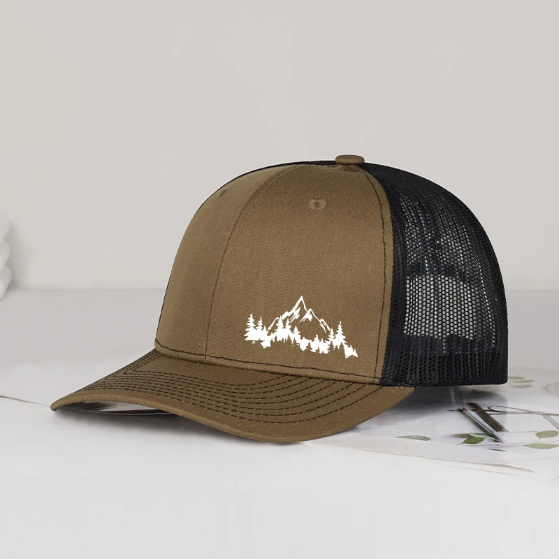 Mountain & Pine Tree Print Trucker Hat