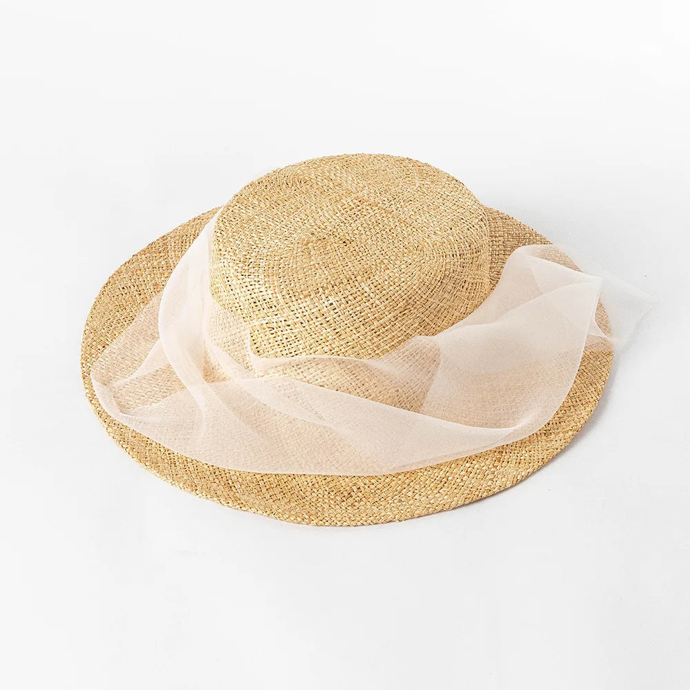 Vintage Veil Straw Boater Hat Women Bridal Inspired Flat Top Sun Hat