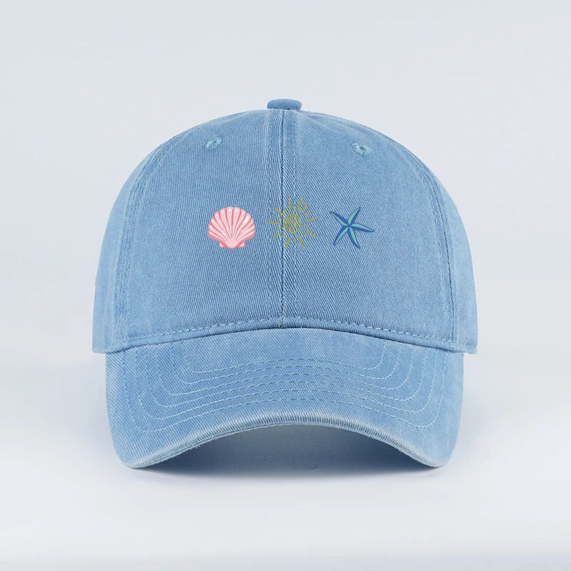 Washed Baseball Cap With Shell Sun Starfish Print Adjustable Curved Brim Hat Retro Beach Vibe Casual Wear