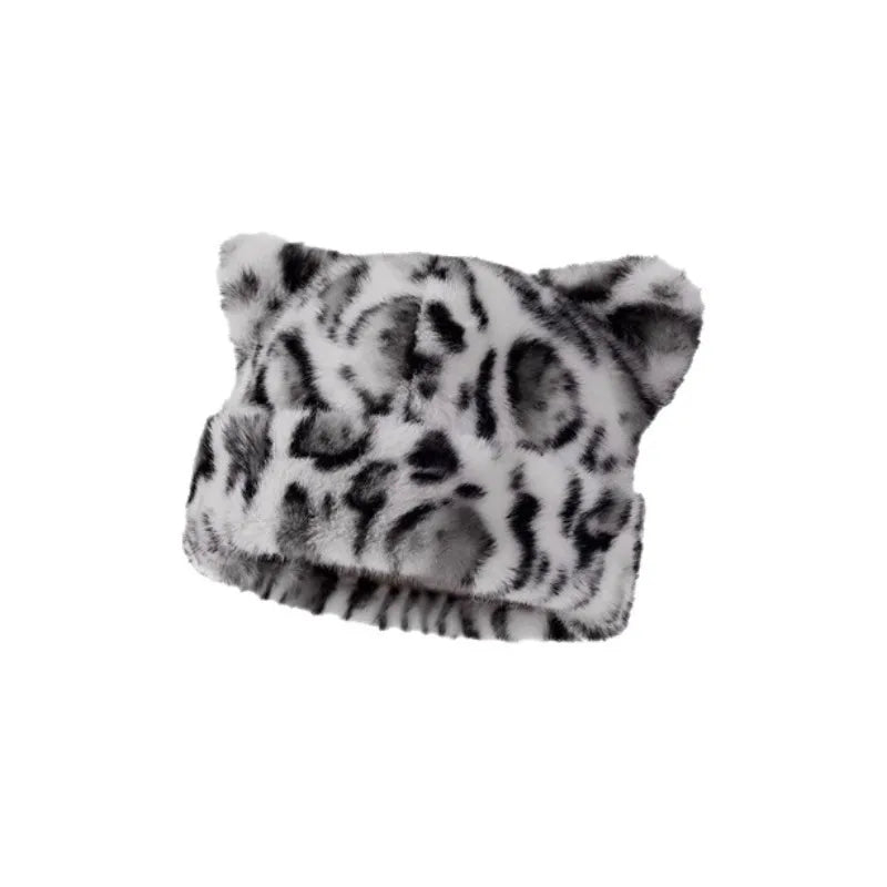 Leopard Print Plush Teddy Bear Hat For Women