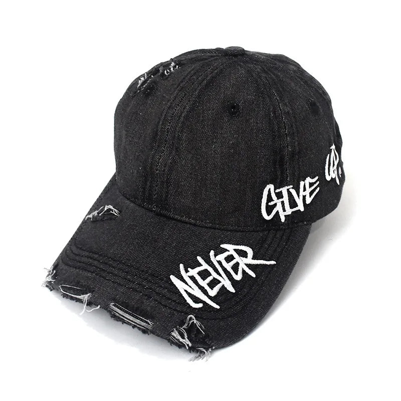 "Never Give Up" Embroidered Denim Baseball Cap