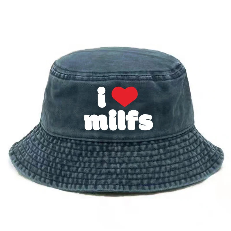 I Hot Love Milfs Bucket Hat Distressed Hats Cap Washed Men Retro