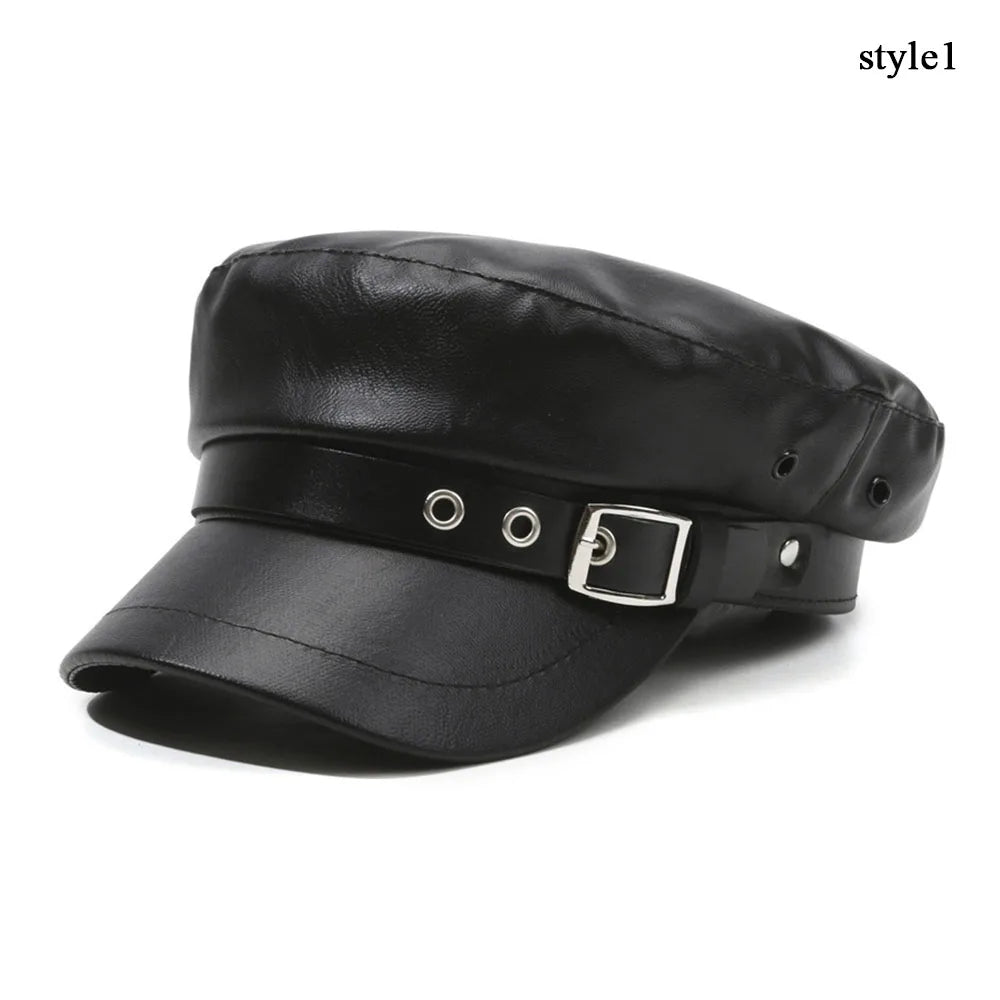 Goth Punk Beret Belt Buckle Leather Hat Spring Autumn