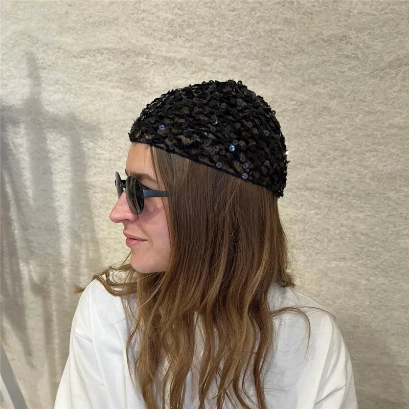 Sequins Solid Color Hollow Out Crochet Hair Net Woven Hair Cap