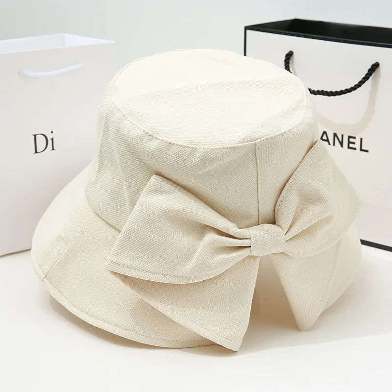 Ladies Summer Travel Bow Sun Hat Wide Brim Cotton Floppy Hat