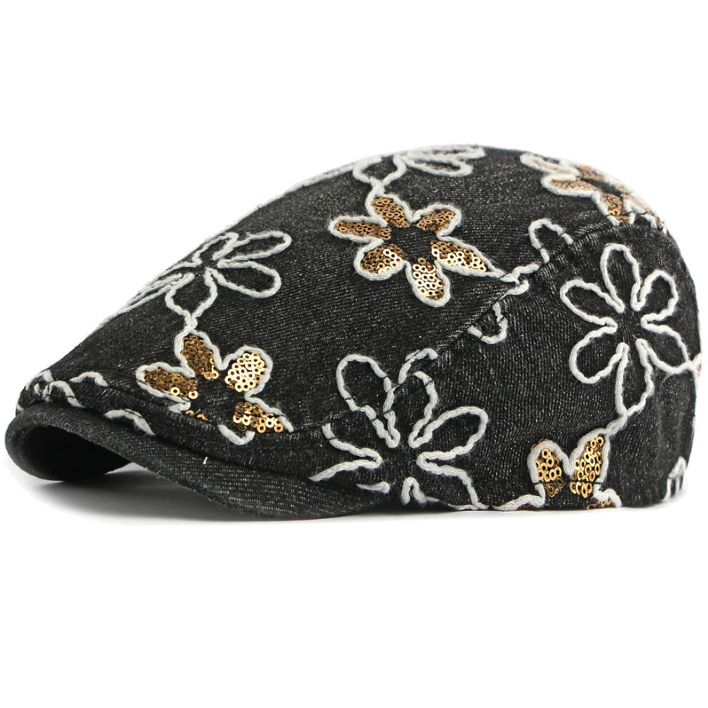 Male Female Cotton Ivy Flat Cap Stylish Sequin Flowers Denim Beret Cap