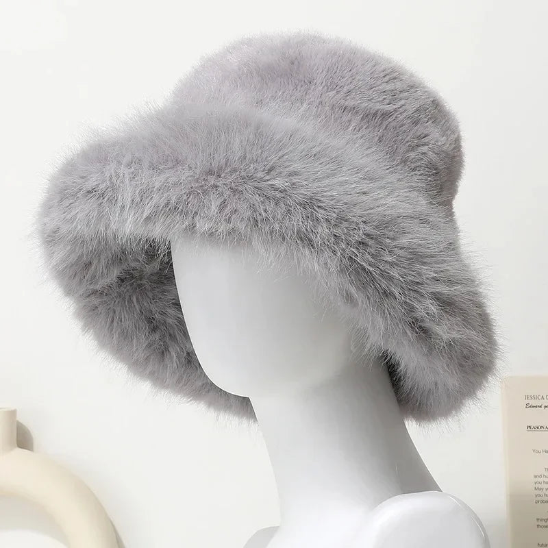 Bright Yellow Imitation Mink Fur Bucket Hat Women's Panama Style Korean New