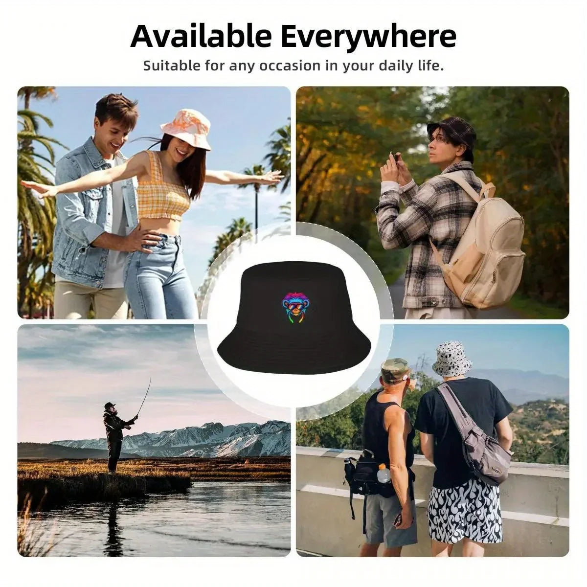 Rainbow Logo Happy Monkey. Bucket Hat Summer Hat