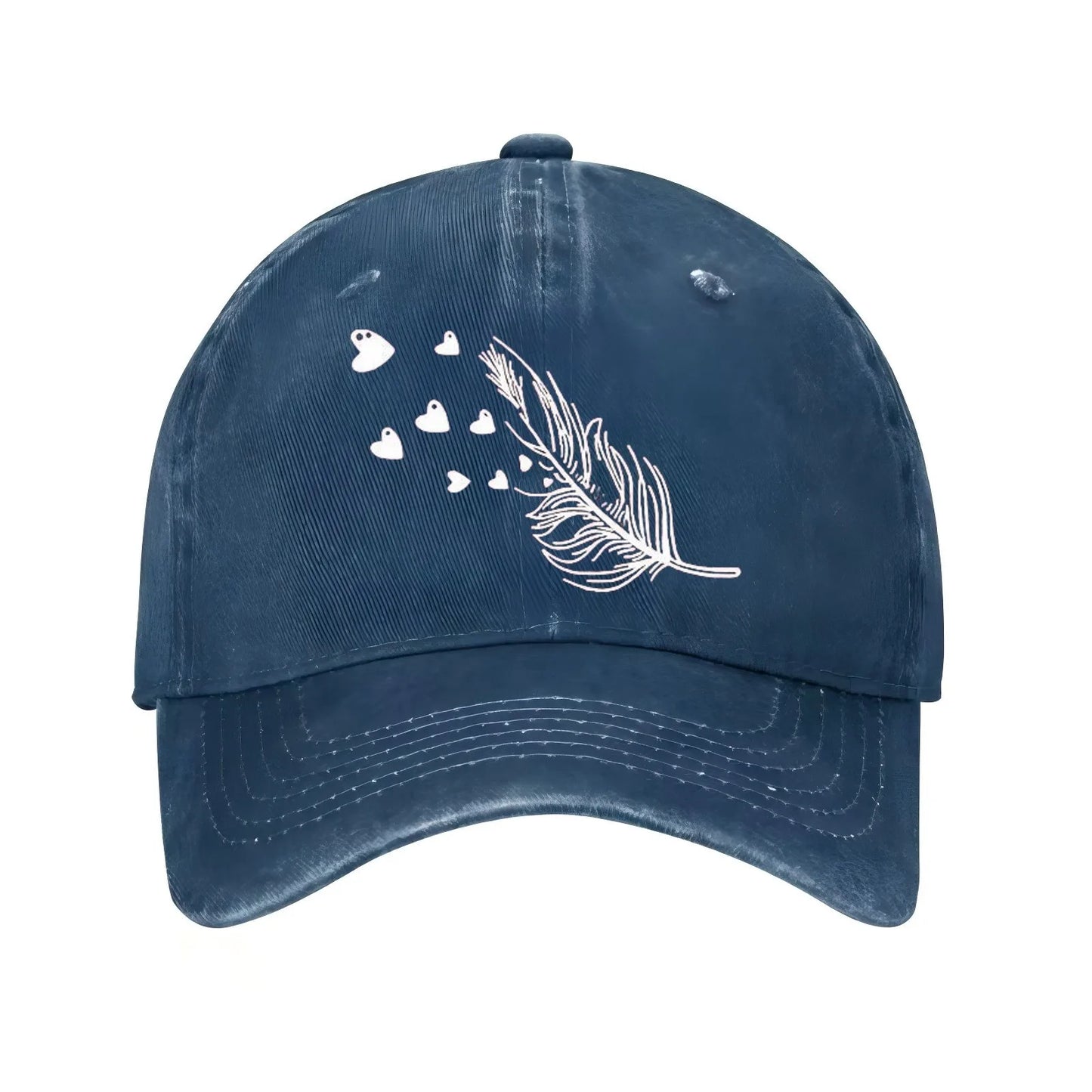 Feather And Hearts Print Distressed Baseball Cap