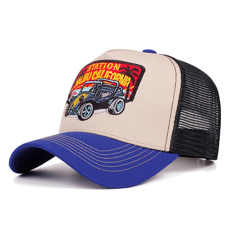 Creative Personalized Mesh Hat Coconut Tree Retro Convertible Car Embroidery Baseball Hat
