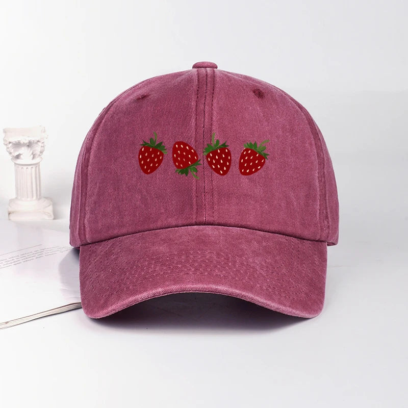 Strawberry Print Washed Baseball Cap Lightweight Breathable Adjustable Unisex Summer Casual Hat Sun Hat