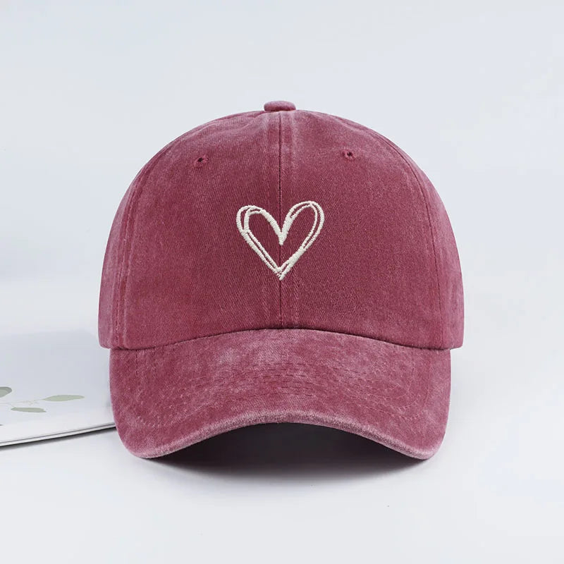 Y2K Style Heart Embroidered Baseball Cap Vintage Washed Distressed Dad Cap Breathable Adjustable Sun Hat