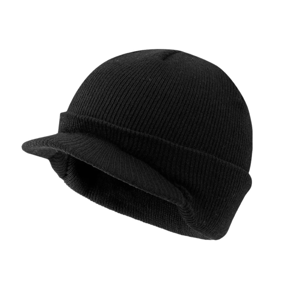 Solid Color Short Brim Beanie Cap Therma Soft Add Plush Lined Hat Outdoor
