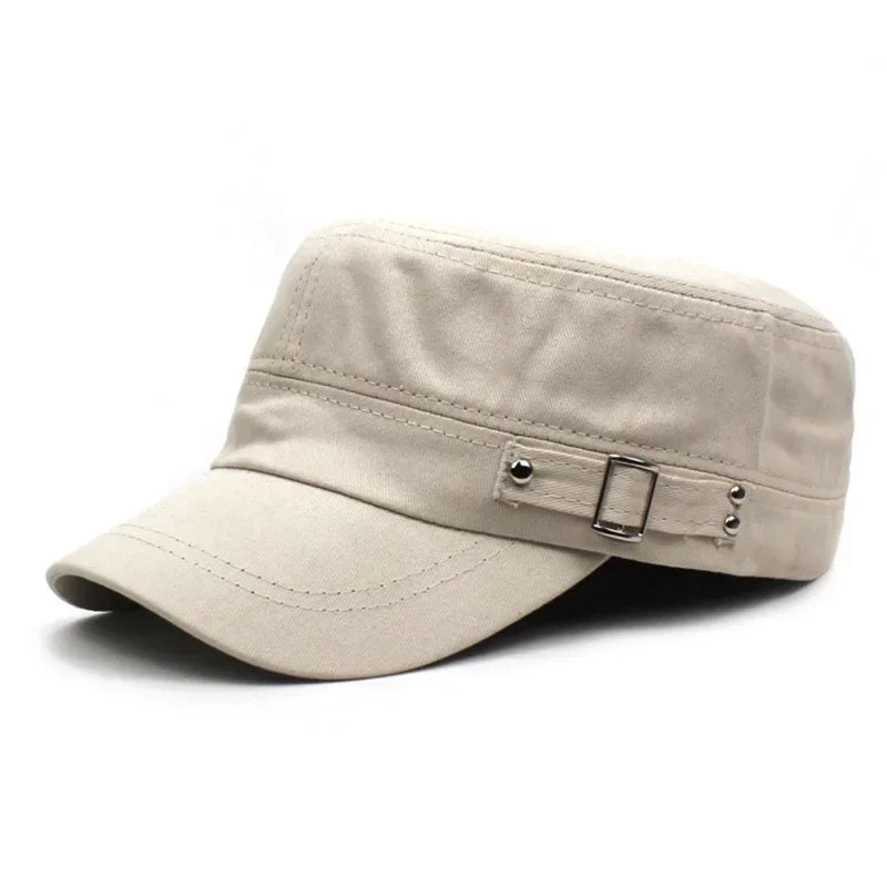 Army Cap Men Women Pure Color Washed Cotton Flat Top Cap Outdoor