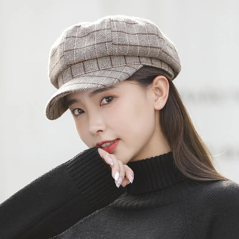 Spring Autumn Plaid Octagonal Hat Women Retro Beret Newsboy Cap