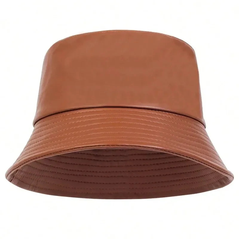 Unisex Solid Color Personality Pu Leather Bucket Hats Fishermen Caps Outdoor