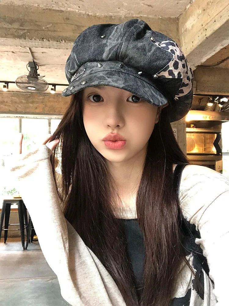 Y2K Personalized Star Sticker Rivet Design Berets Cap