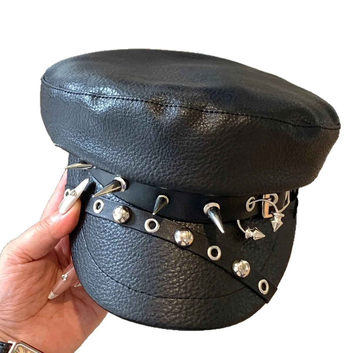 Gothic Punk Faux Leather Military Cap Spiked Studded Cadet Hat