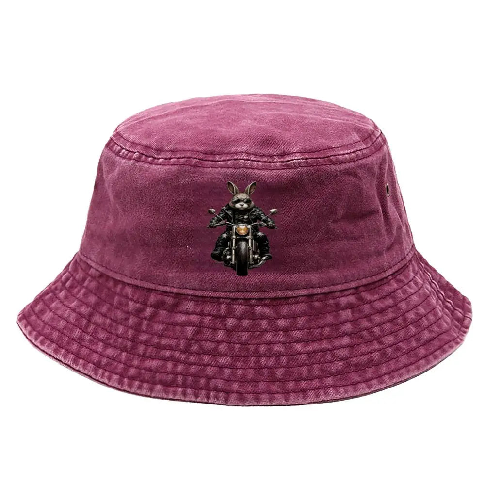 Motorcycle Riding Rabbit Bucket Hat Viscose Washed Fisherman Hat