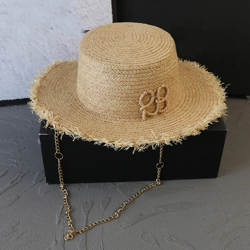 Designer Raffia Straw Hat With Chain Letter Women Summer Bikini Beach Sun Hat