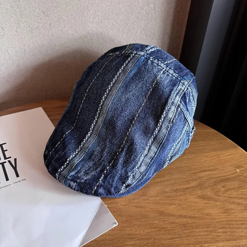 Korean Style Denim Striped Newsboy Baker Boy Cap