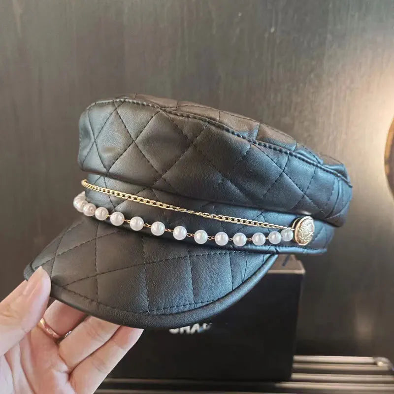 Europe And The United States Simple Light Luxury Plaid Leather Navy Hat