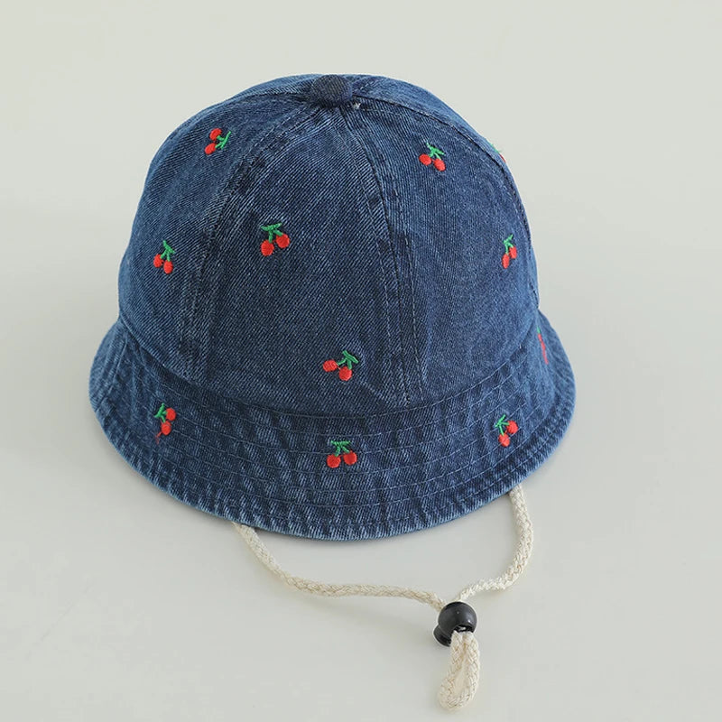 Cherry Embroided Jeans Fisherman Hat for Child 2-6Y Bucket Hat for Children Cotton Jeans