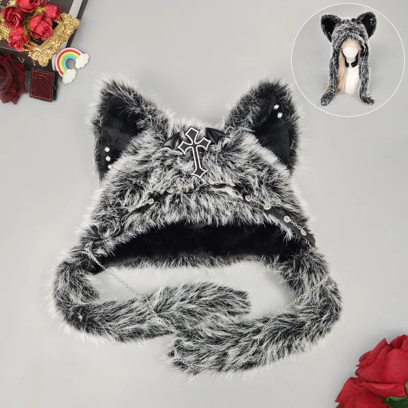 Y2K Dark Series Gothic Plush Winter Hat Spicy Girl Cat Ear Hat