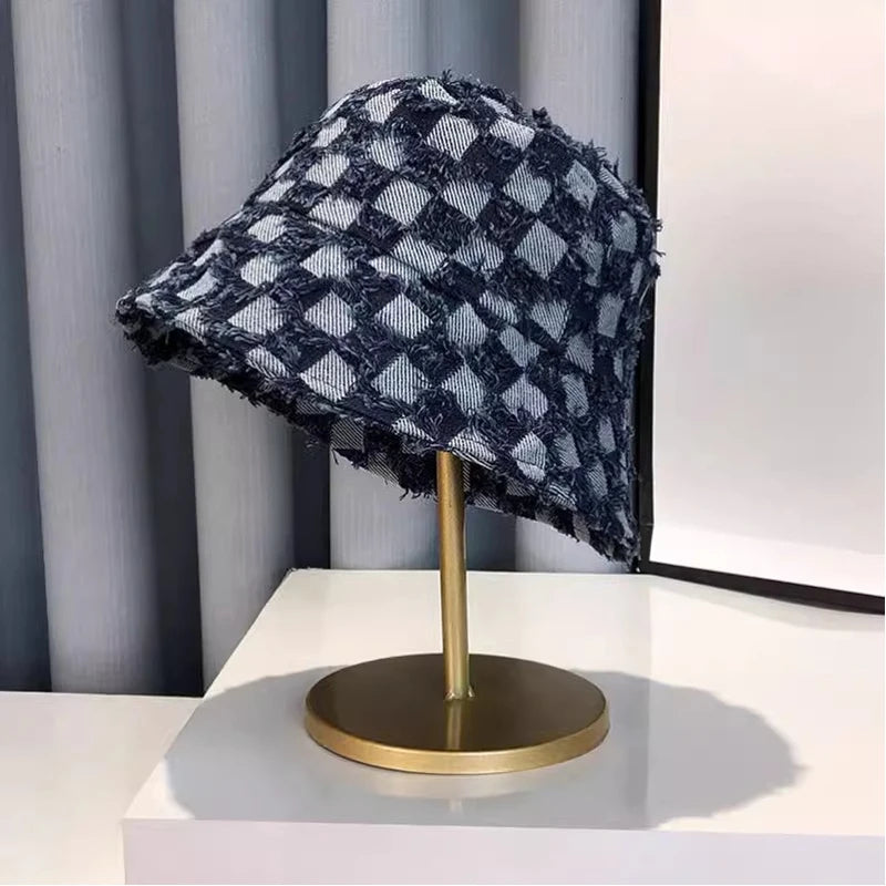 Hairy Checkered Denim Hat for Female Niche