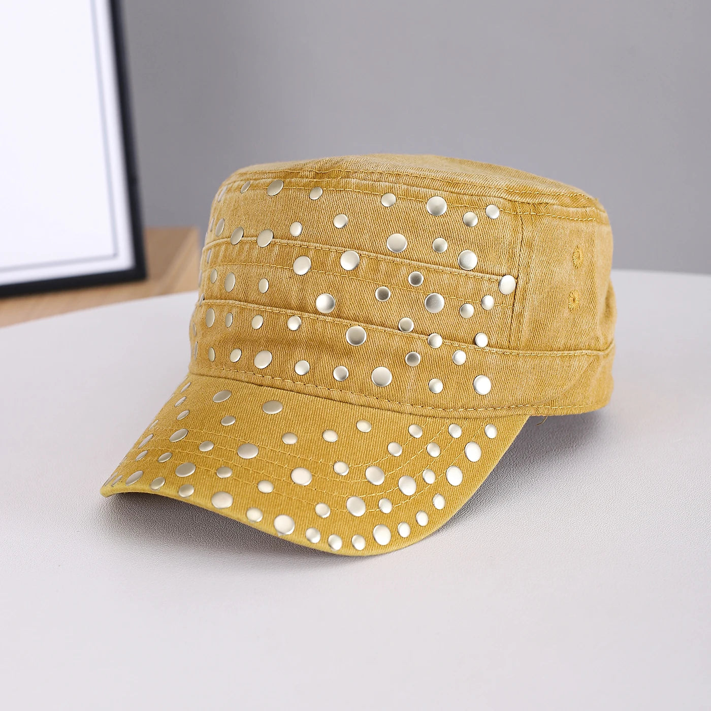 Golden Round Rivets Fully Decorated, Flat-Top Baseball Cap