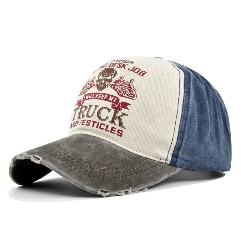 New Unisex Washed Cotton Cap Skull Print Distressed Baseball Cap