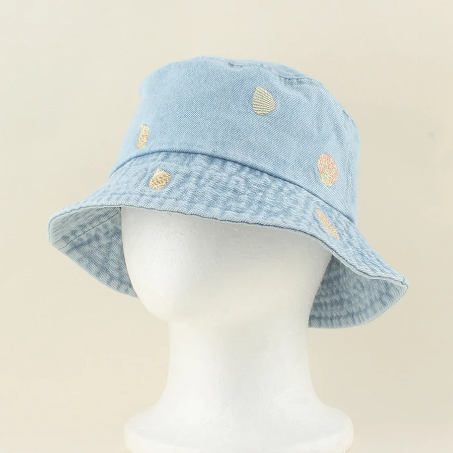 2026 Baby Cute Shell Starfish Crab Embroidery Denim Bucket Hat For Kids