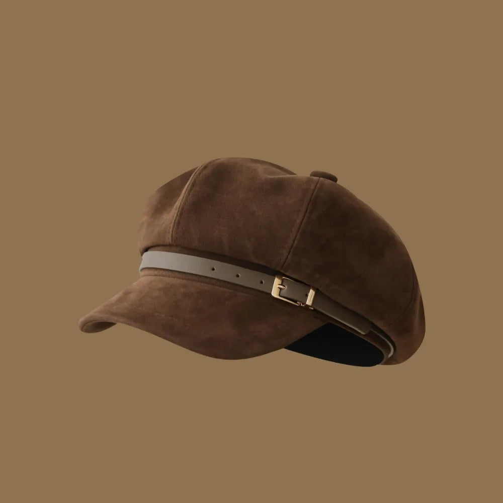Personality British Style Pu Leather Beret Belt Buckle Brown Suede Octagonal Hat