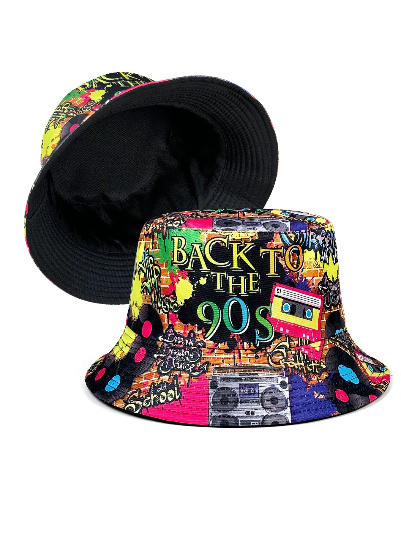 Retro Nostalgic Graffiti 90S Fisherman Hat, Personalized Trendy Printed Unisex Sun Hat