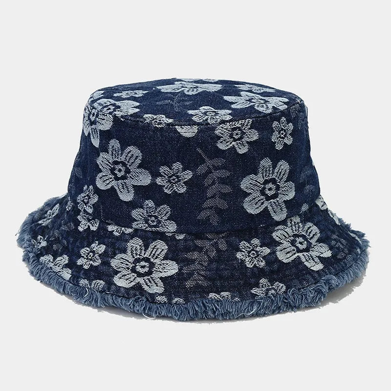 Spring Denim Cartoon Flower Embroidery Bucket Hat