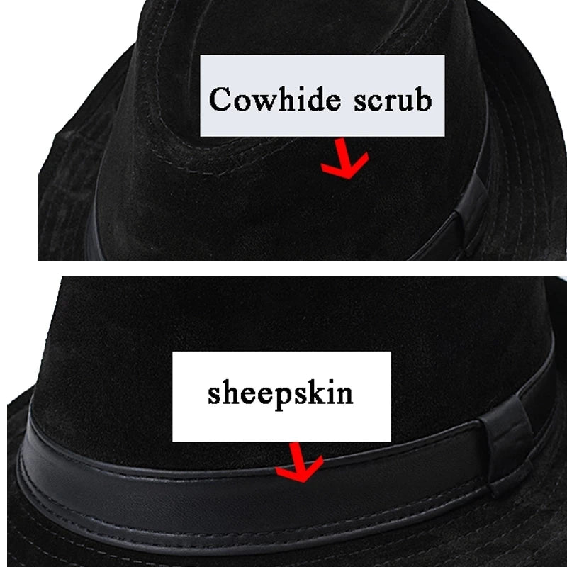 Men Genuine Leather Suede Cow Skin Nubuck Brown Fedoras Hats Women
